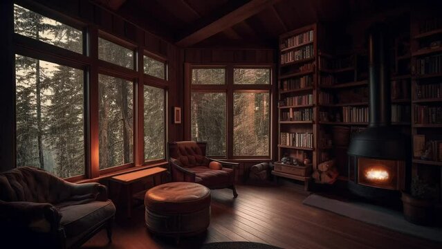 cozy rainy living room with fireplace