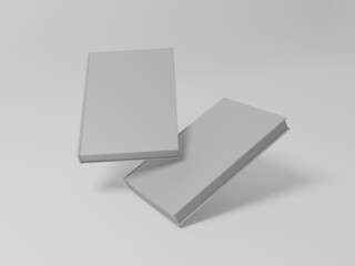 Hardcover book template, two blank books standing sideways floating on white background for design purposes, 3d rendering