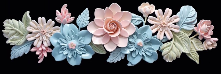 Abstract banner of pastel pink and blue flowers on a dark background. Created with Generative AI tools
