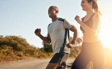 Smile, running and health with couple in road for workout, cardio performance and summer. Marathon,...