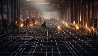 Construction workers fabricating steel reinforcement bar at the construction site