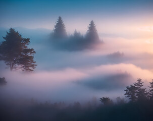 Landschaftsbild  mit Nebel Wald Bäume Ai generiert