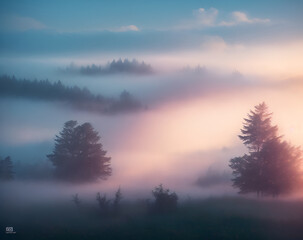 Fototapeta na wymiar Landschaftsbild mit Nebel Wald Bäume Ai generiert