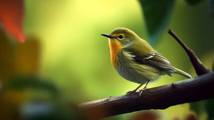Warbler perching on a branch, Bright clear ligh blur background of green nature. Generative Ai