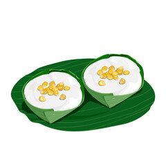 Thai pudding with coconut topping wrapped in banana leaves on white background. Thai traditional dessert menu, Vector drawing dessert illustration, sweet snack recipe.