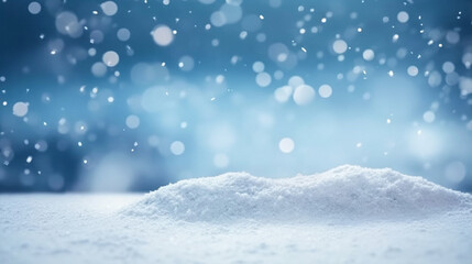 Snow piles on the ground and falling snow with a blue and white blurred background. product display. Generative Ai