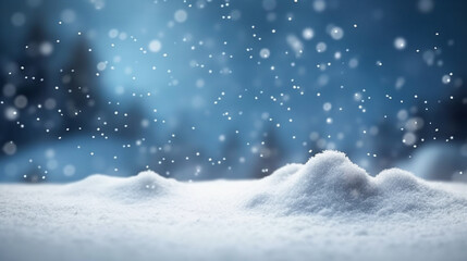 Snow piles on the ground and falling snow with a blue and white blurred background. product display. Generative Ai