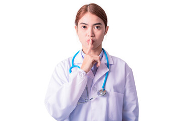 Fototapeta premium friendly face with smiley eyes Asian doctor in shut up quietly action isolated on white background. Advertising concept