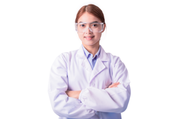 friendly face with smiley eyes Asian doctor in confident crossed arms action isolated on white background. Advertising concept