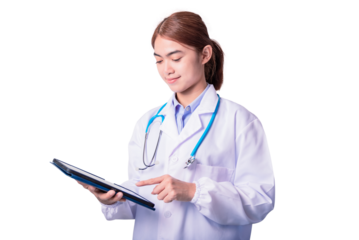 friendly face with smiley eyes Asian doctor using tablet  isolated on white background. Advertising concept