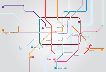Fototapeta premium Underground, train railway and map of metro for navigation, travel or public transport with infrastructure. Chart, subway transportation and diagram for urban journey, route or itinerary for location