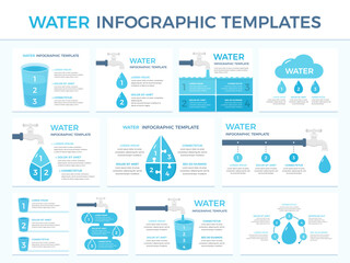 Set of water infographic templates with tap, water drops, glasses, water resources infographics