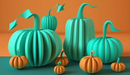 Turquoise and orange 3d pumpkins on plain background. Sculpture of the halloween gourds. 