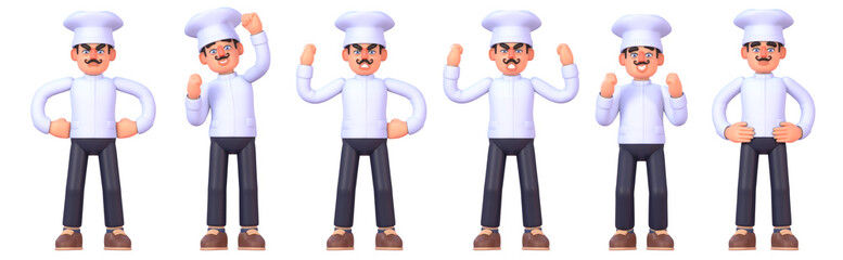 3d render of chef cook showing various emotions, gestures, poses