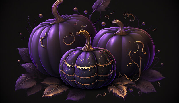 Whimsical purple pumpkin on black background. Purple tones design for autumn decor. Magical fall.