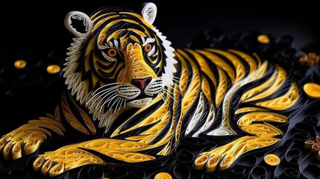 tiger black and yellow palette multi-dimensional origami, Generative AI