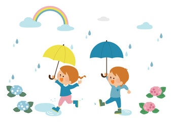 梅雨　虹と傘をさす男の子と女の子のイラスト素材