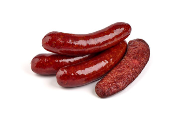 Grilled german bratwurst sausages, isolated on white background.