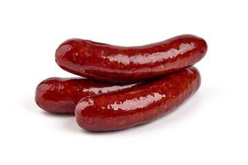 Grilled german bratwurst sausages, isolated on white background.