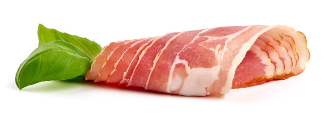 Italian prosciutto, jerked meat slices, isolated on white background.
