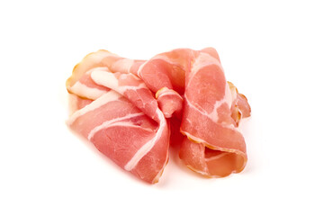 Bacon slices, pork brisket, isolated on white background.