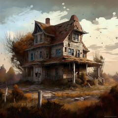 Obraz premium old house in the night village sky ,AI generate