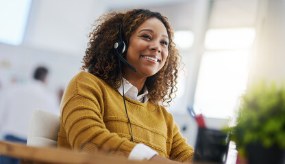 Happy african woman, call center agent or listen on voip headset for consulting, communication or...