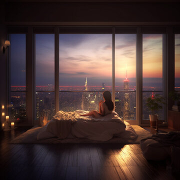 alone, young lady, bed, Manshon, hotel, tower, high floor, bed, nice view, sexy, morning glow, night view, sunset