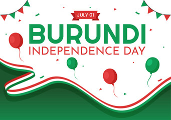 Burundi Independence Day on 1 July Vector Illustration with Flag Ribbon in National Holiday Flat Cartoon Hand Drawn Landing Page Templates