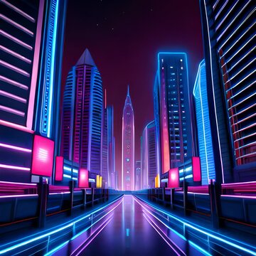 Lights and sounds of tall buildings in the capital cityscape at night time, elevation angle generative Ai illustration