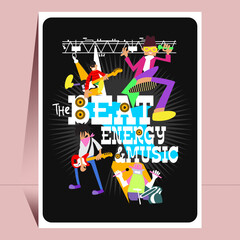The beat energy and music show or party or concert or musical festival flyer or poster design template guitar rock bends DJ,Sound box,mic,etc.