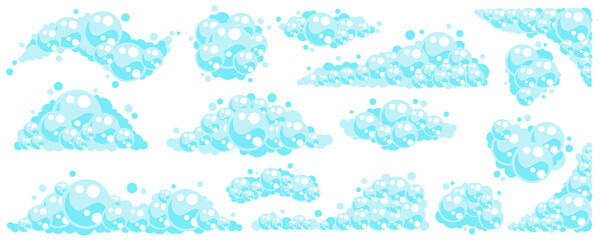 Soap foam bubbles. Cartoon bath suds of shampoo. Vector illustration isolated on white background - obrazy, fototapety, plakaty