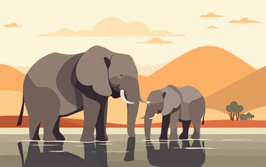 A mother elephant and her calf drinking at a waterhole. Animals raising young concept. Generative AI - obrazy, fototapety, plakaty
