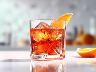 Negroni Cocktail in crystal glass with ice cubes and orange slice