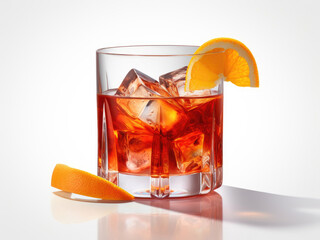 Negroni Cocktail in crystal glass with ice cubes and orange slice