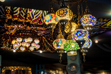 TraditionalMoroccan lamps in cafe