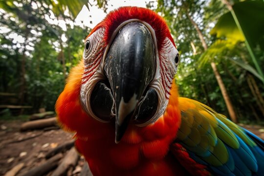  macrophotography selfie of a cute superb colorful macaw