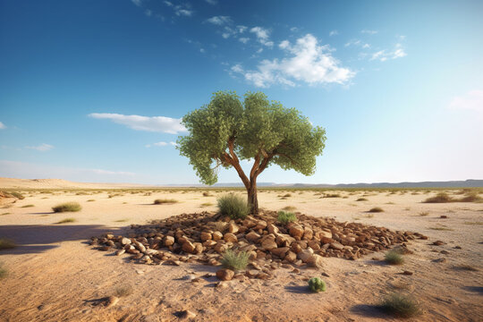single tree in the middle of a broken desert in global warming concept with Generative AI