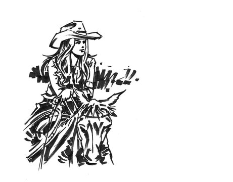 recommend clip art: cowgirl on horseback pen drawing for card illustration decoration