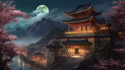 beautiful tibet night scene wallpaper background, in the style of gothic illustration, surrealistic elements, religious building, cherry blossoms, view of chinese temple