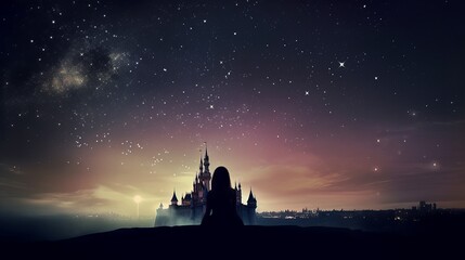 when you wish upon a star, the moon and stars, girl in the night, person in the sky, silhouette of a girl on a mountain, castle in the moonlight, wallpaper, Generative AI