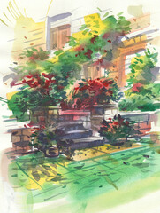 tropical garden with flowers watercolors for card decoration illustration