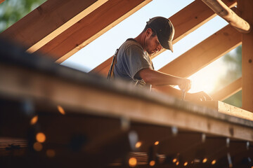 a male building tradesman works on a wooden roof structure with Generative AI - obrazy, fototapety, plakaty