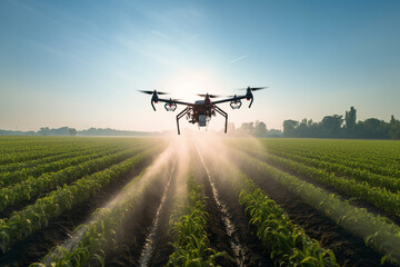 drone spraying crops in agricultural setting with blue sky with Generative AI