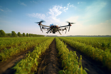 drone spraying crops in agricultural setting with blue sky with Generative AI - obrazy, fototapety, plakaty