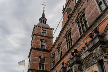 Ukrainian flag. Flag of Ukraine on the building. Denmark. Copenhagen.