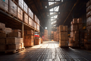 multiple pallets and boxes are in the warehouse in large scale with Generative AI