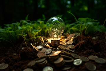 Obraz na płótnie Canvas money piles with planting light bulb on land with Generative AI