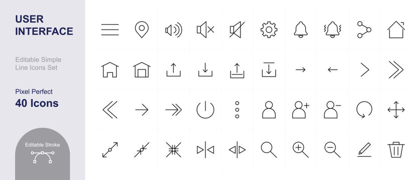Set of user interface line vector icons with all Editable strokes and simple crystal clear icons.
