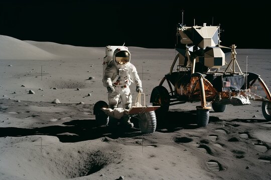 Neil armstrong riding a scooter on the moon next to the space machine that transported him | Created With Generative AI